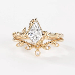 Daily Classic Kite Cut Lab Grown Diamond Leafy Engagement Ring Set 2pcs - Jade