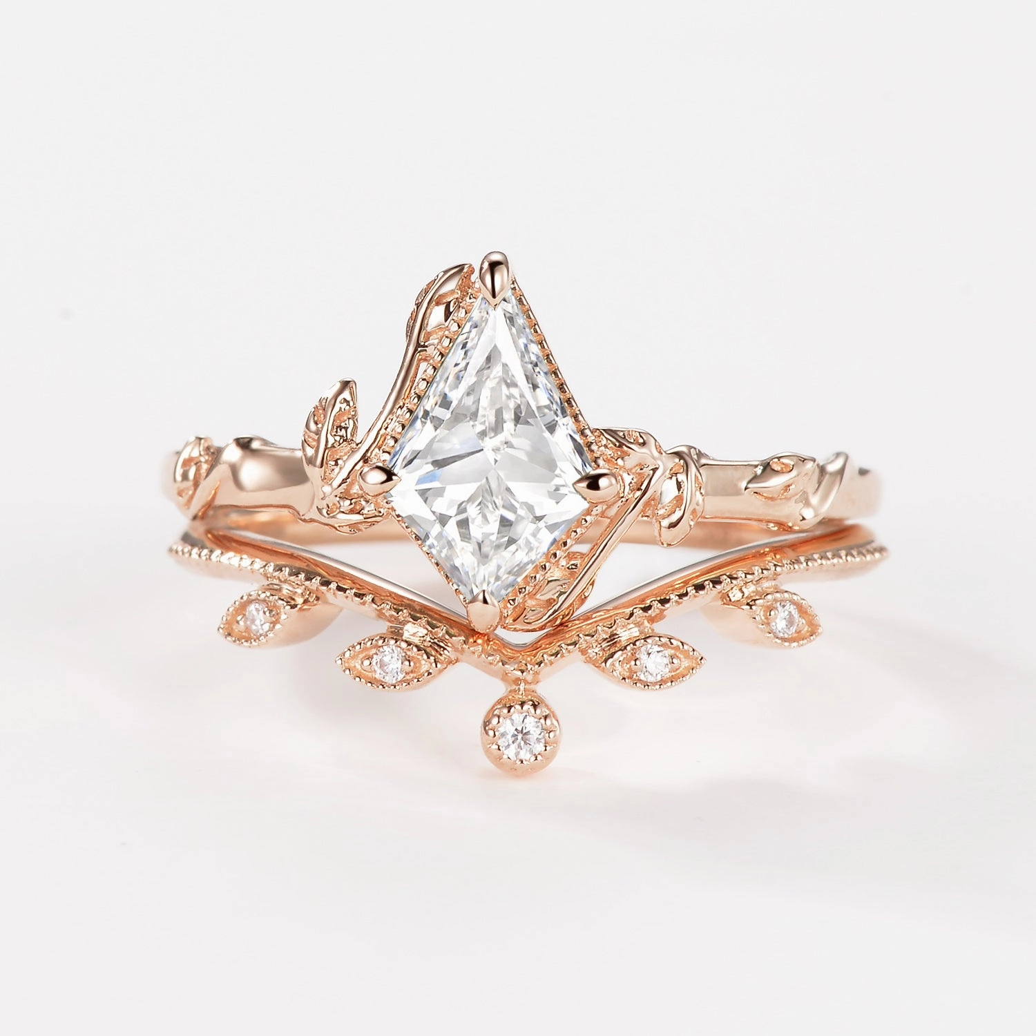 Creative Detail Kite Cut Lab Grown Diamond Leafy Engagement Ring Set 2pcs - Jade