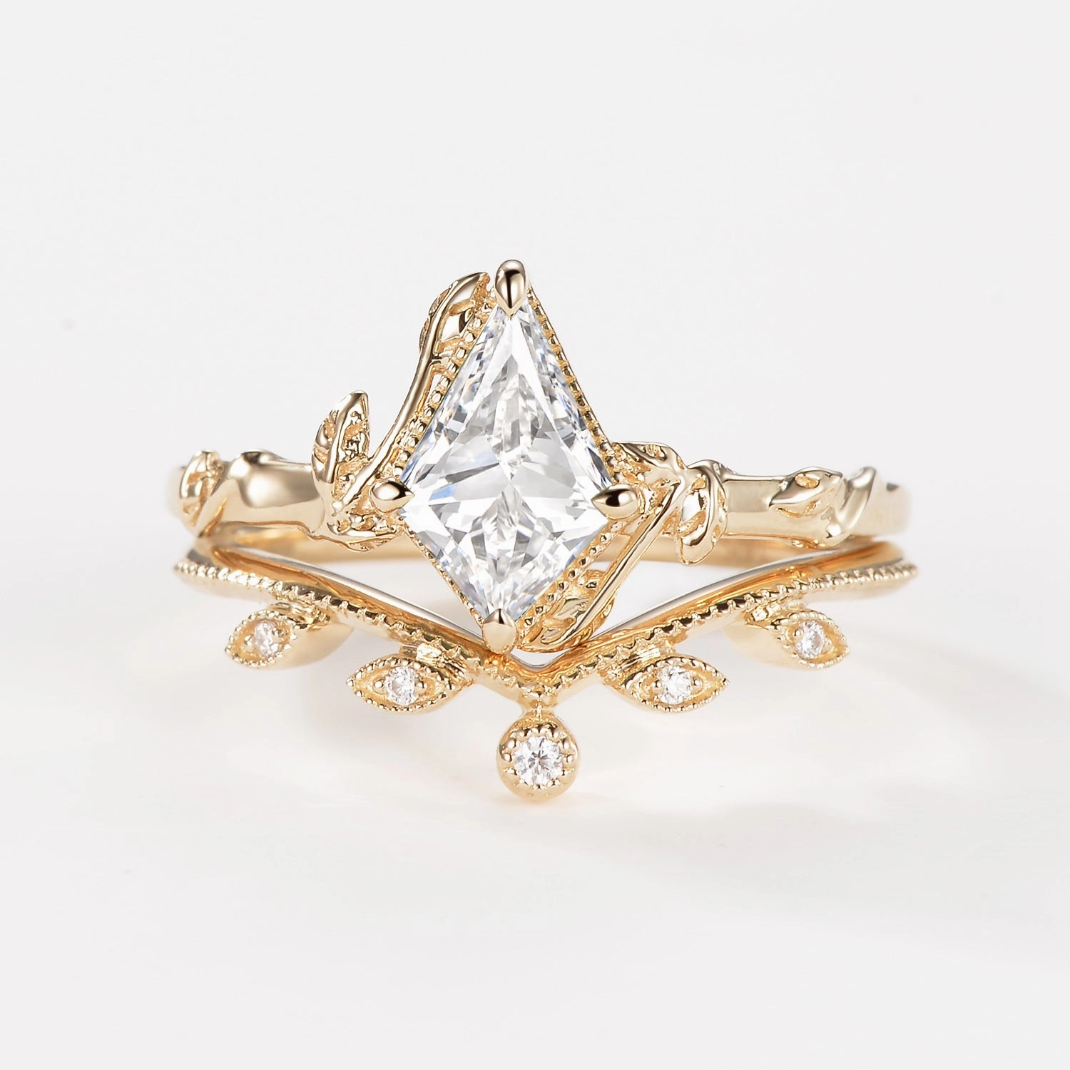 Evening Mood Exclusive Jewelry Kite Cut Lab Grown Diamond Leafy Engagement Ring Set 2pcs - Jade