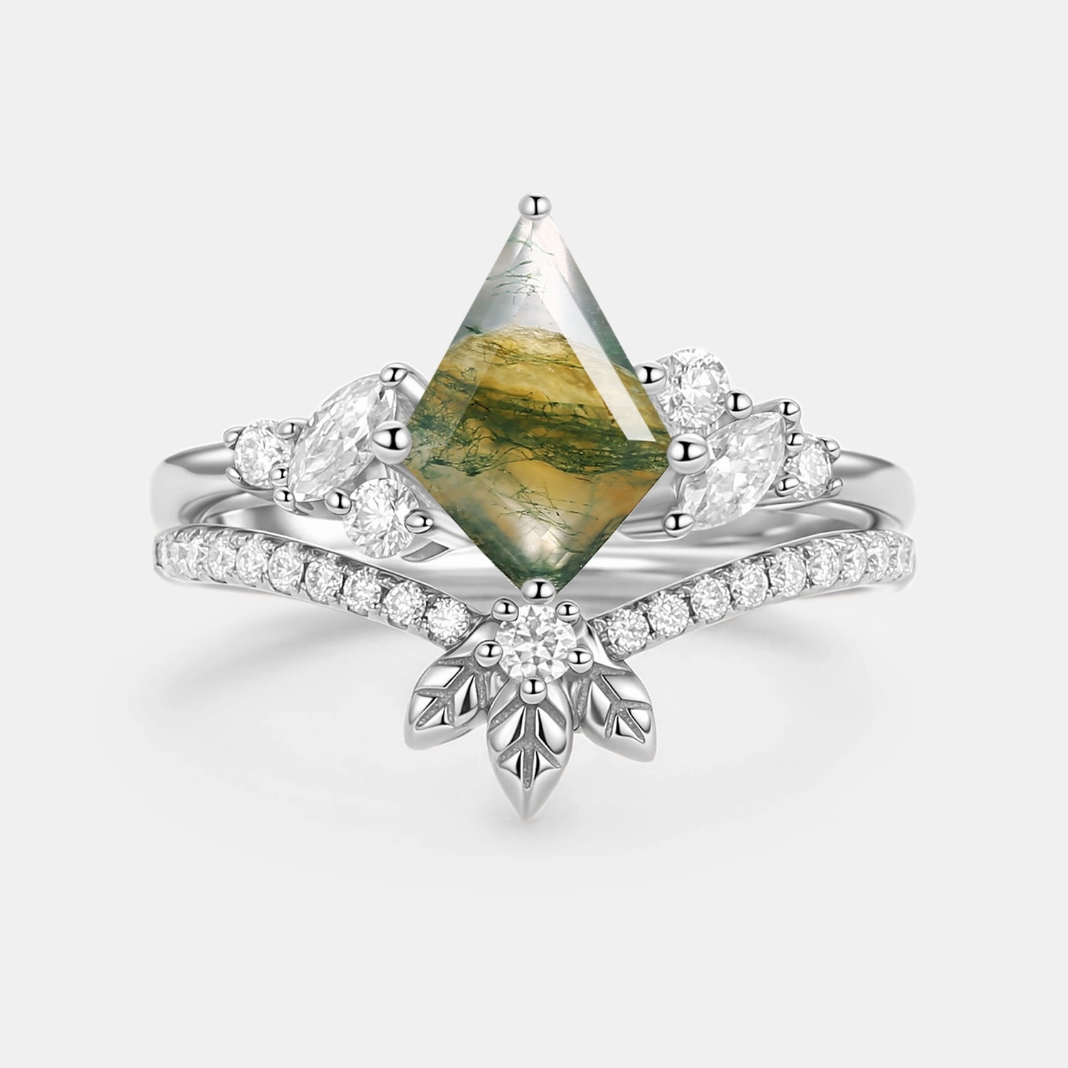 Daily Layer Perfect Finish Moss Agate Kite Cut  Leafy Engagement Ring Set 2pcs - Florine