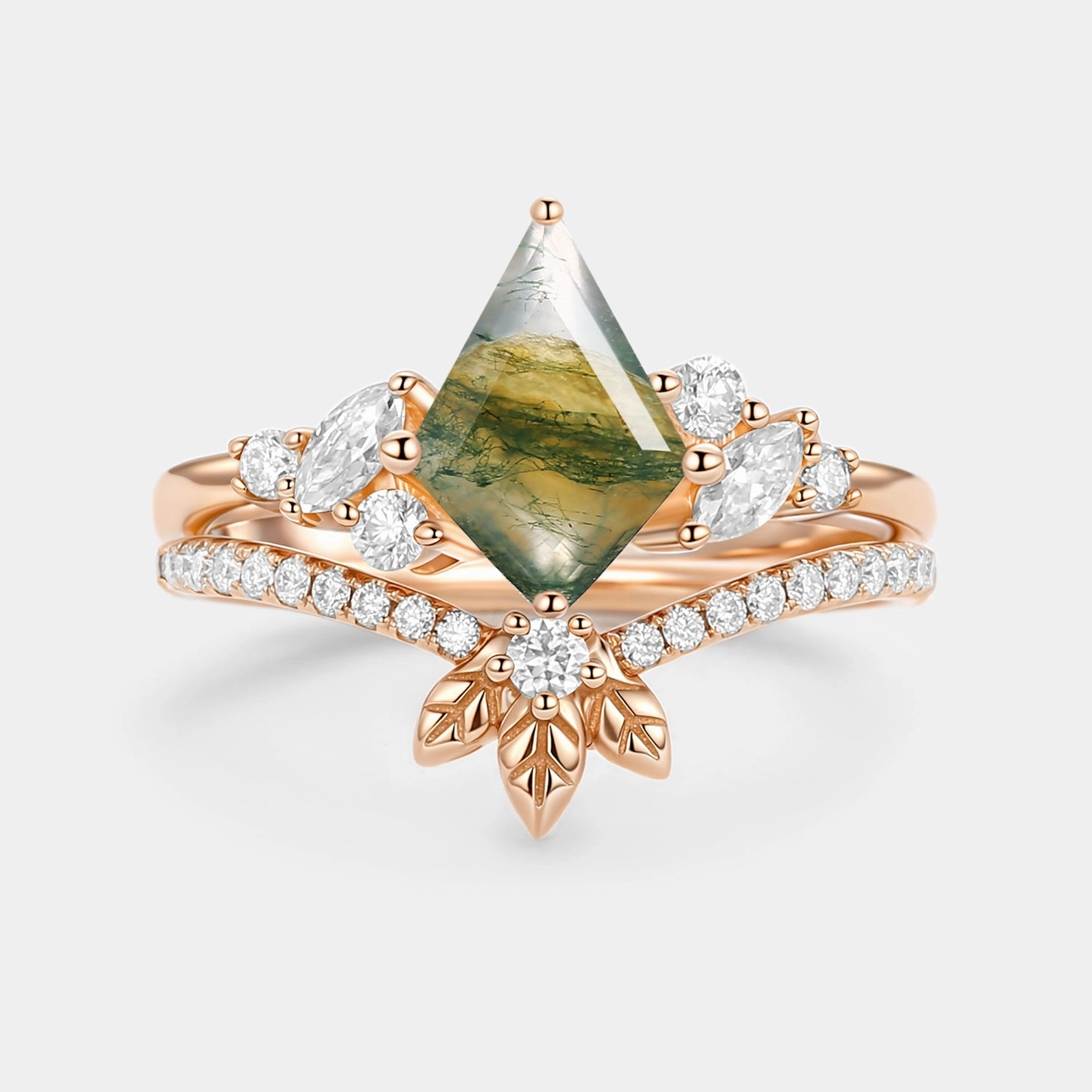 Moss Agate Kite Cut  Leafy Engagement Ring Set 2pcs - Florine family event Fashionable Finish