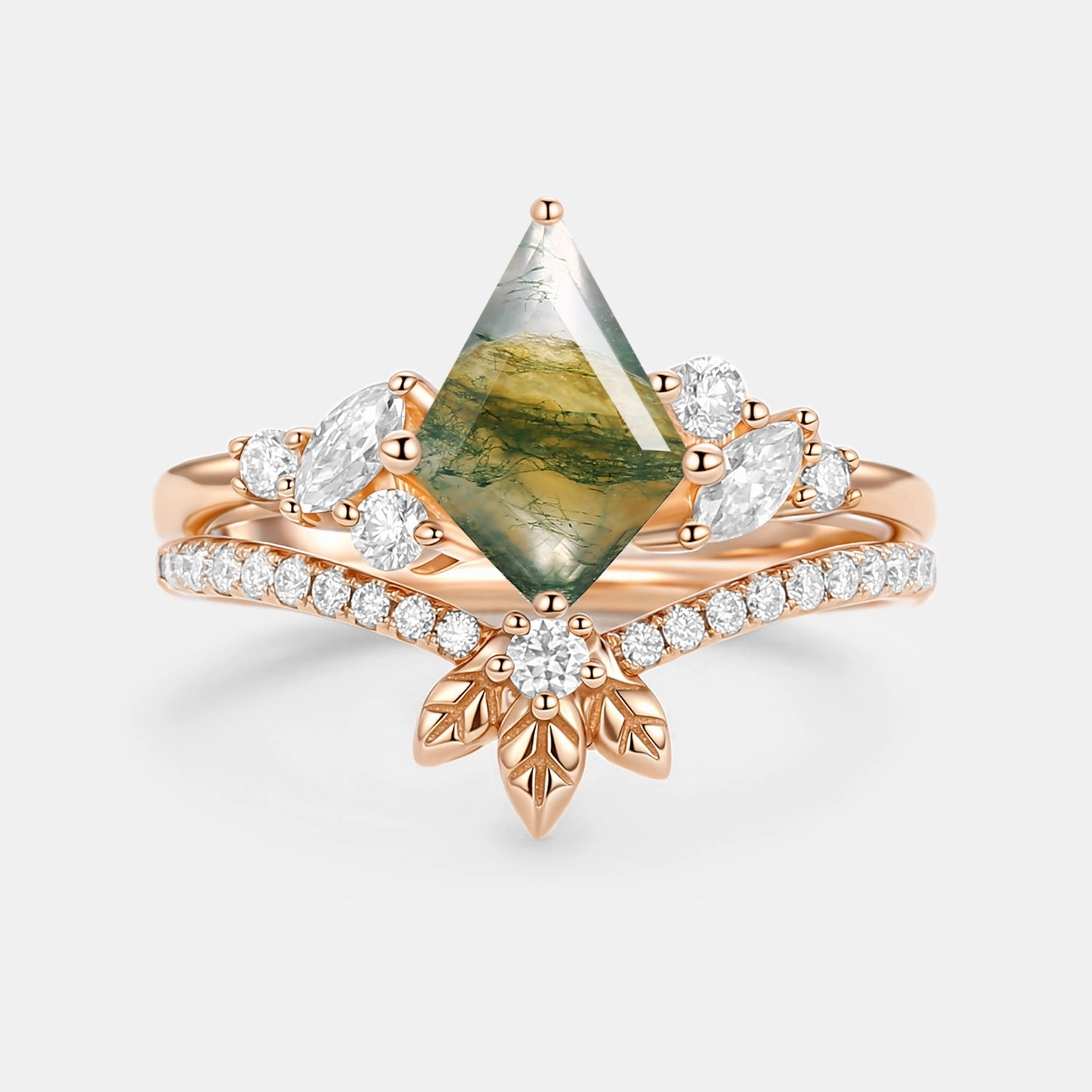 Moss Agate Kite Cut  Leafy Engagement Ring Set 2pcs - Florine Gleaming Shine