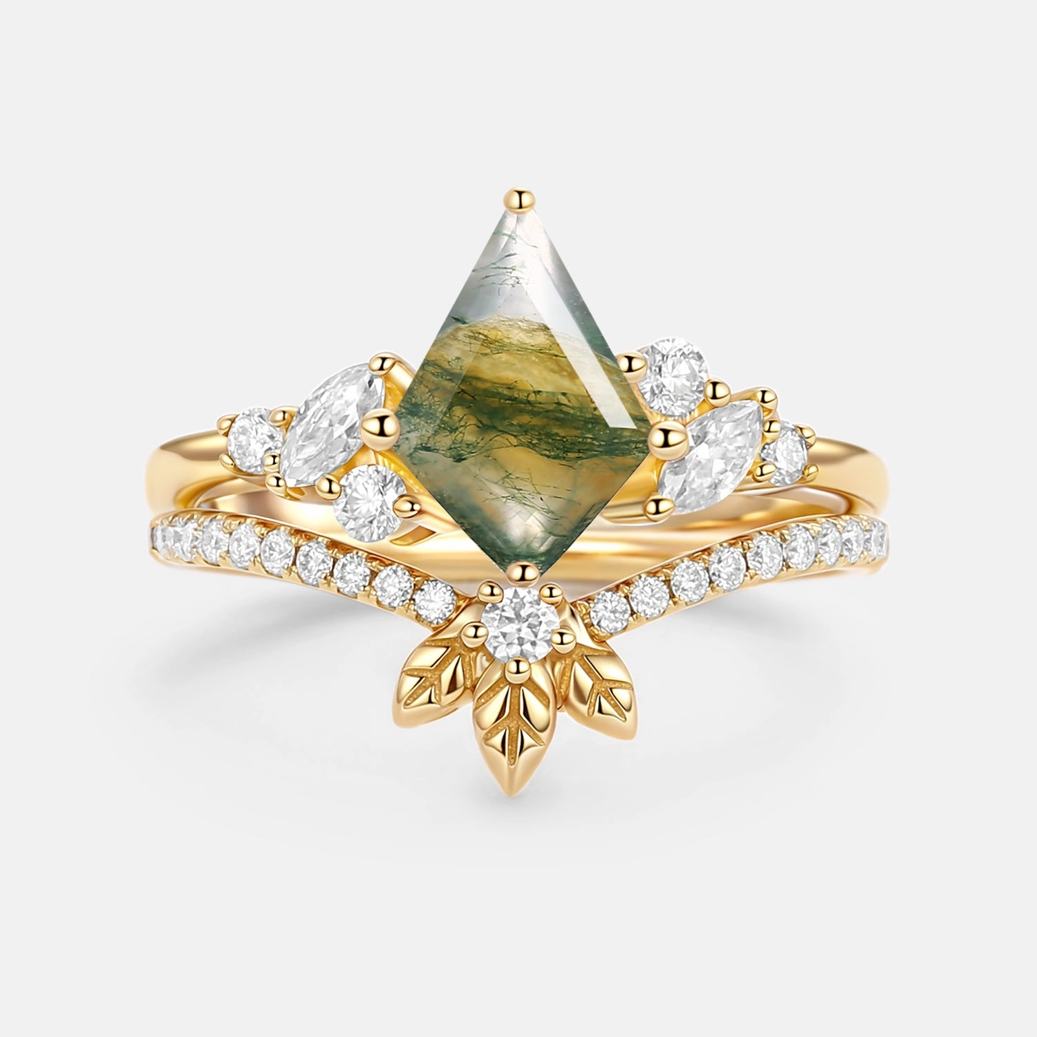 Moss Agate Kite Cut  Leafy Engagement Ring Set 2pcs - Florine Minimal Fashion