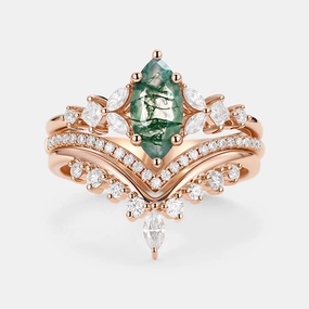 Refined Craftwork Marquise Moss Agate Engagement Ring Set 3pcs - Amelia