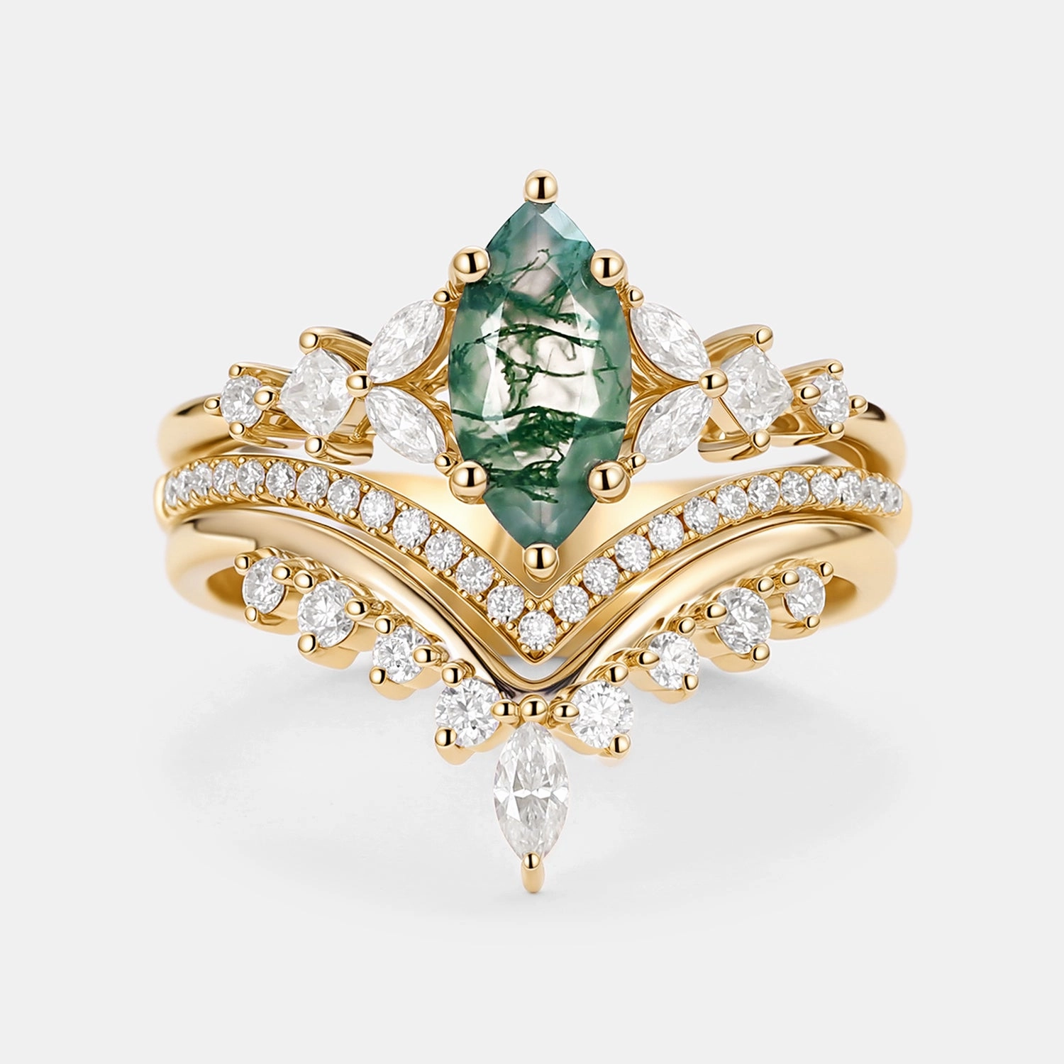 Marquise Moss Agate Engagement Ring Set 3pcs - Amelia Sophisticated Element Refined Taste