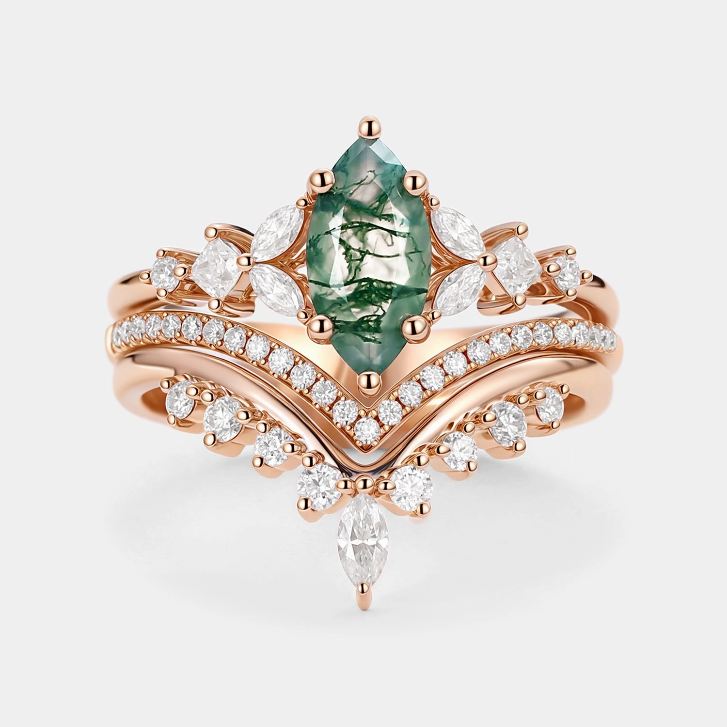 Refined Craftwork Marquise Moss Agate Engagement Ring Set 3pcs - Amelia