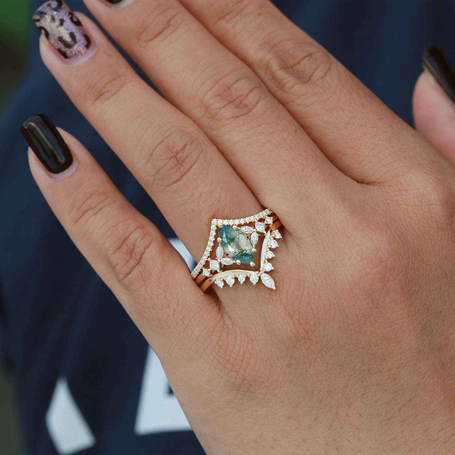 Shimmering Highlight Fashion Essential Marquise Moss Agate Engagement Ring Set 3pcs - Amelia