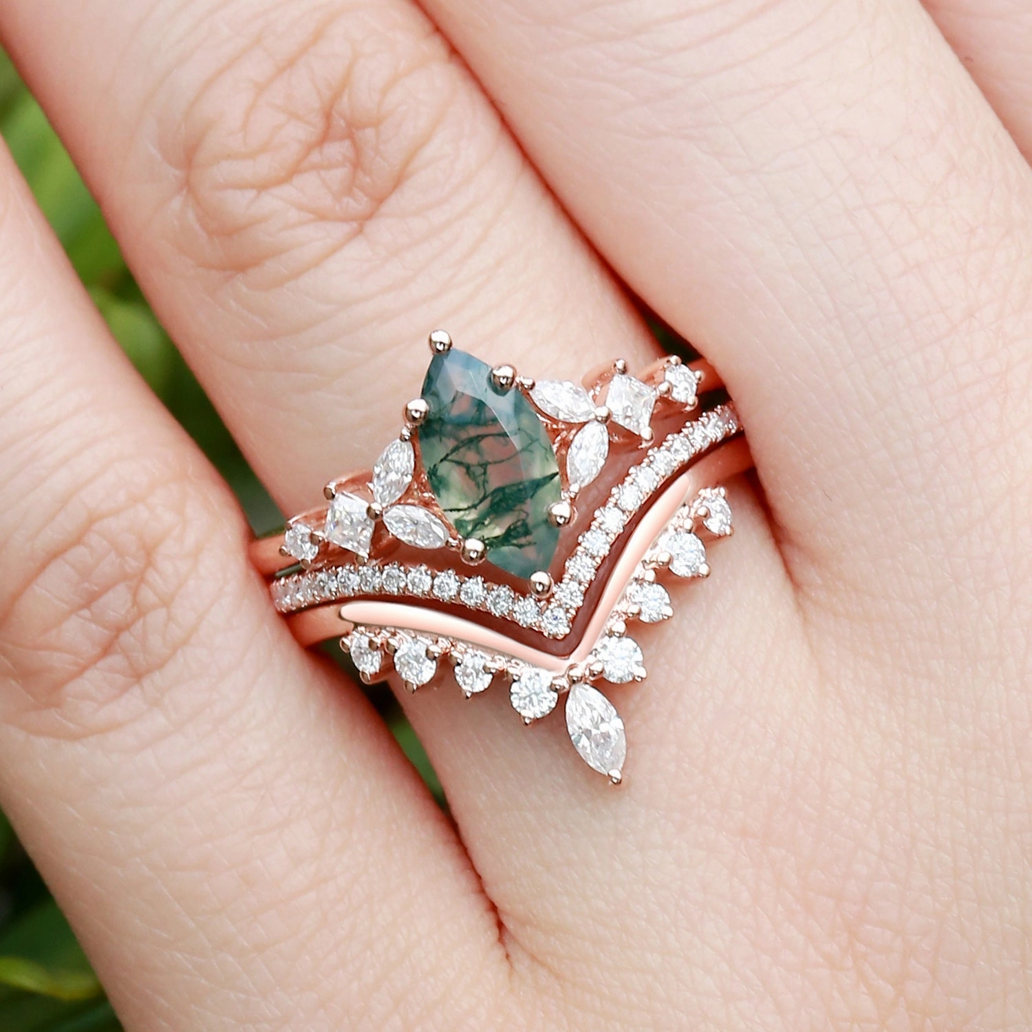 Sophisticated Shape Marquise Moss Agate Engagement Ring Set 3pcs - Amelia