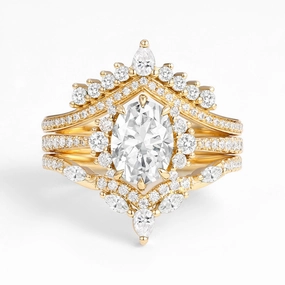 Unique Oval Cut Moissanite Halo Engagement Ring Set 3pcs Artisan Highlight