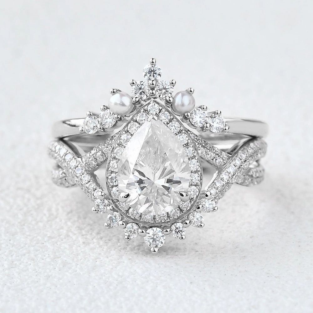 Bridal Look 1.5ct Pear Moissanite Vintage Halo Infinity Ring Set 2pcs - Katherine