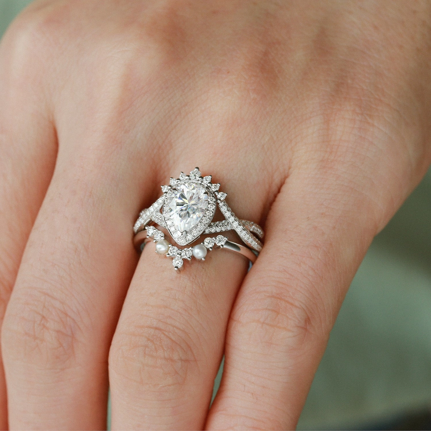 1.5ct Pear Moissanite Vintage Halo Infinity Ring Set 2pcs - Katherine Radiant Craft Graceful Shape