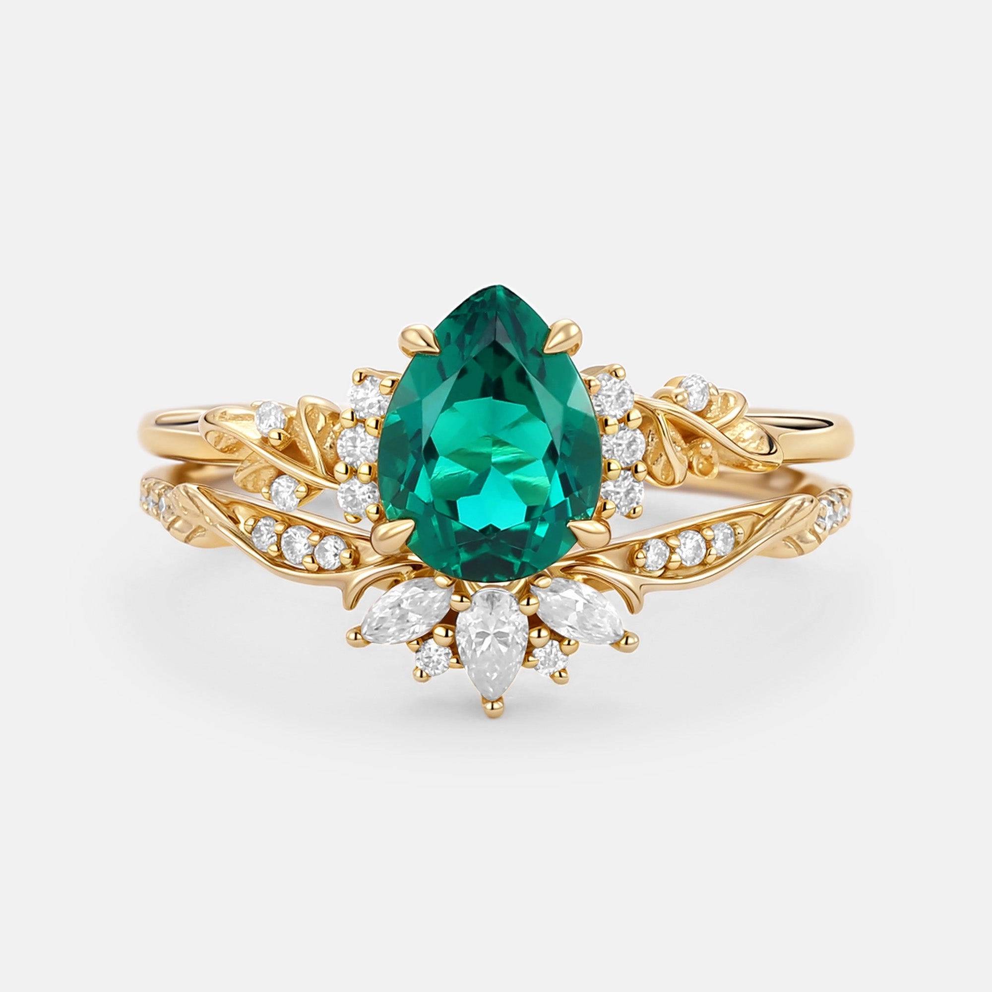 Trendy Touch Silver Edge Flower Pear Cut Lab Pink Sapphire Leafy Ring Sets 2pcs - Lola