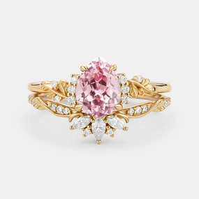 Flower Pear Cut Lab Pink Sapphire Leafy Ring Sets 2pcs - Lola Bold Glow Bold Design