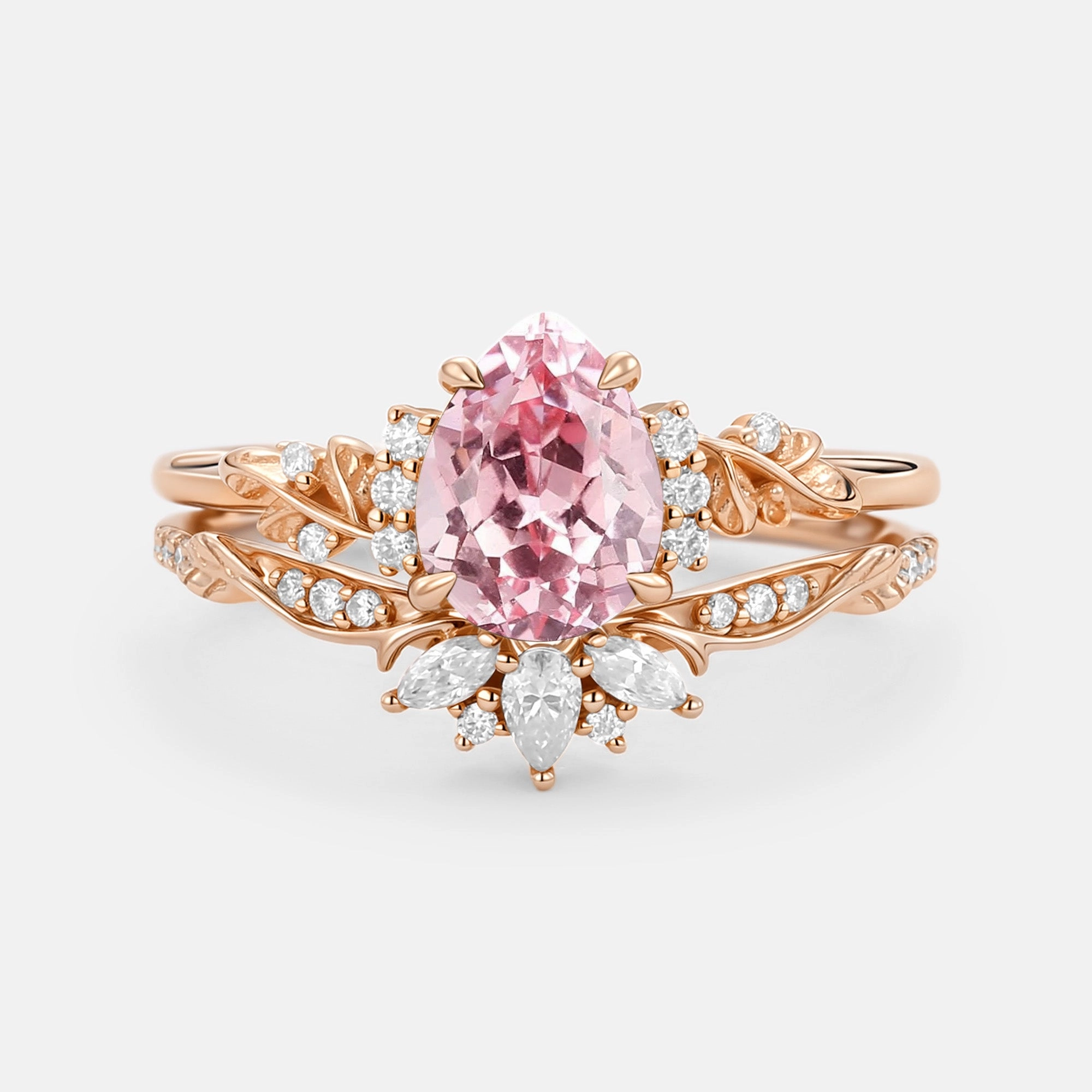 Tasteful Accent Flower Pear Cut Lab Pink Sapphire Leafy Ring Sets 2pcs - Lola