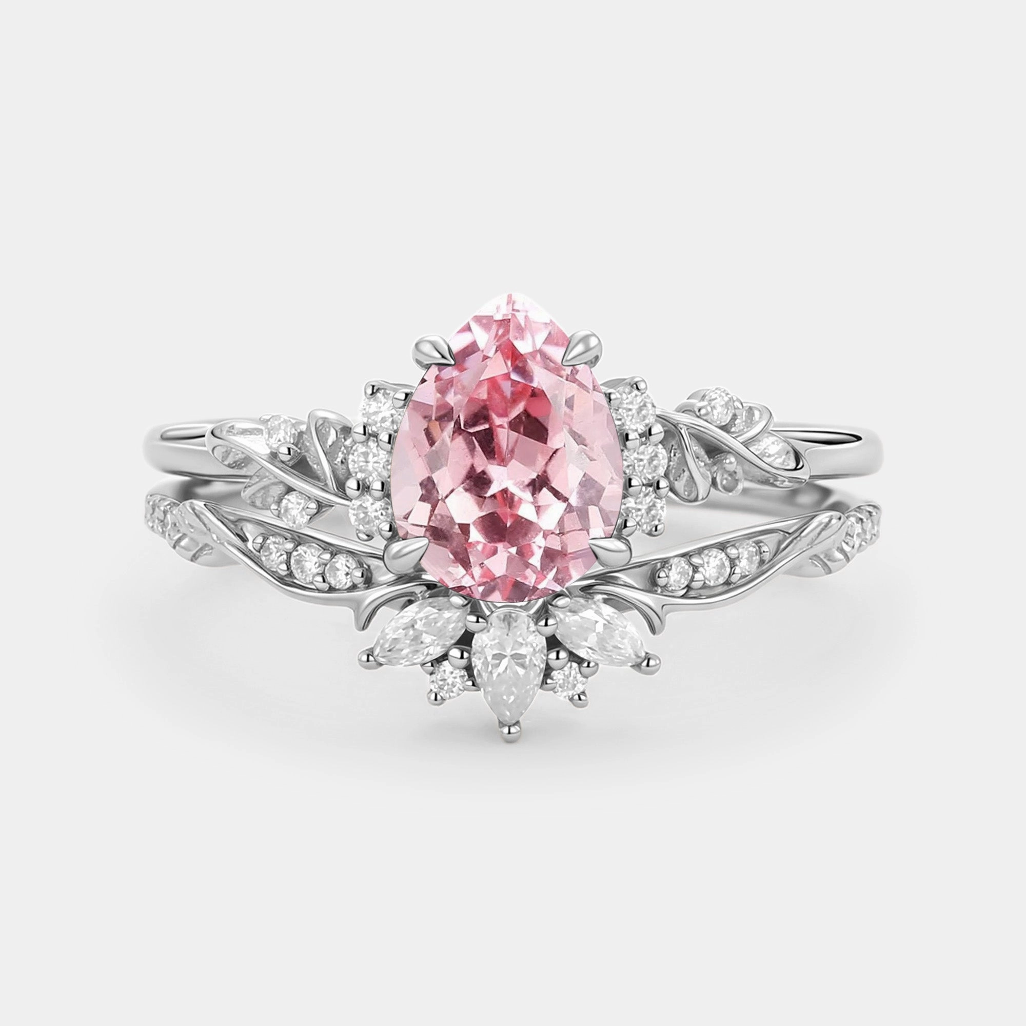 Sophisticated Embellishments Flower Pear Cut Lab Pink Sapphire Leafy Ring Sets 2pcs - Lola