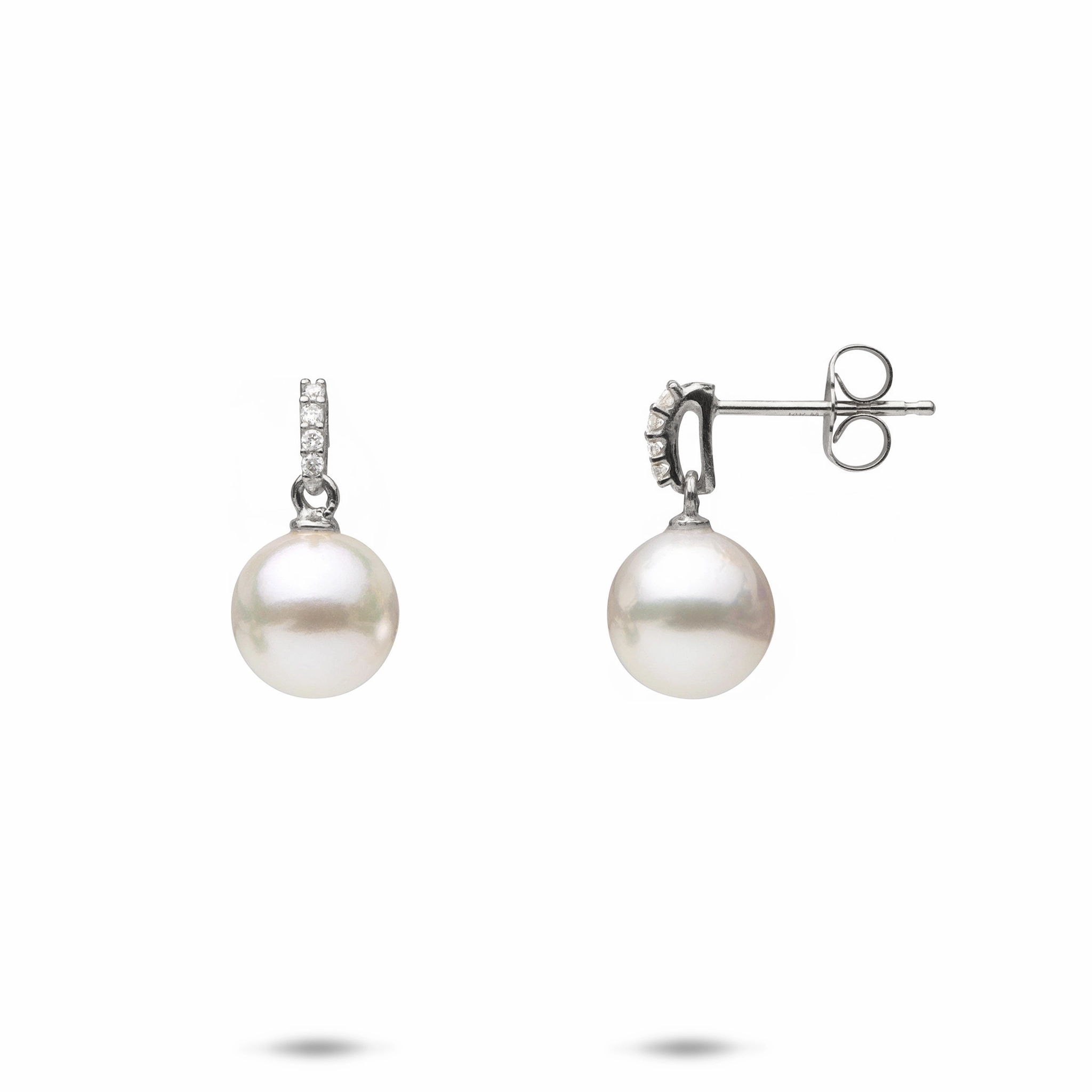 Highlight Edge Akoya White Pearl Earrings in White Gold with Diamonds - 8mm