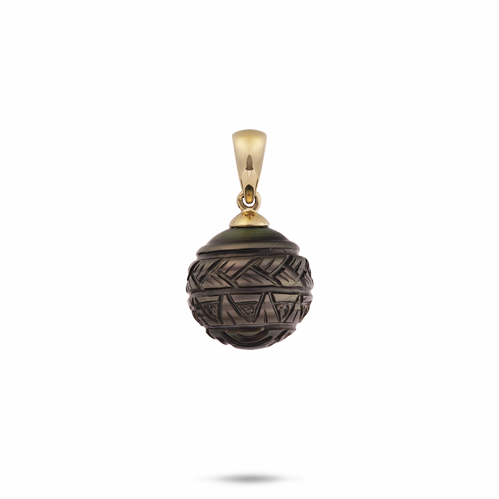 Ethereal Feature Carved Tahitian Black Pearl Pendant in Gold- 13-16mm