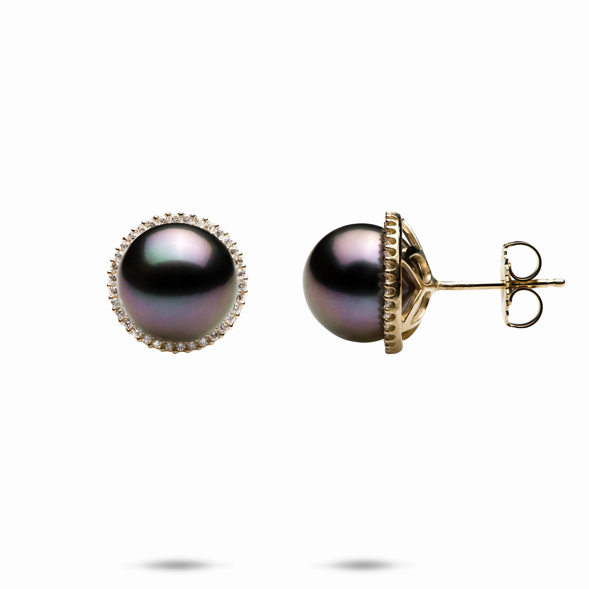 Sculpted Sparkle Halo Tahitian Black Pearl Earrings in Gold with Diamonds - 10-11mm