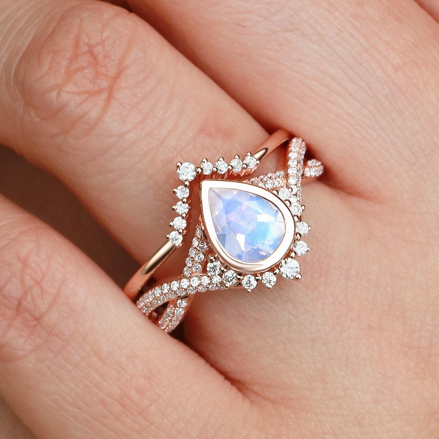 Pear Moonstone Bezel Infinity Ring Set 2pcs - Lunaire Luxe Mood