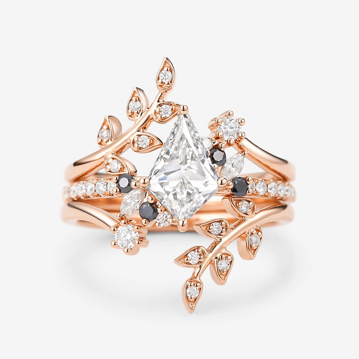 Anniversary Gift Daily Fit Kite Lab Grown Diamond & Black Diamond Leafy Ring Set 3pcs