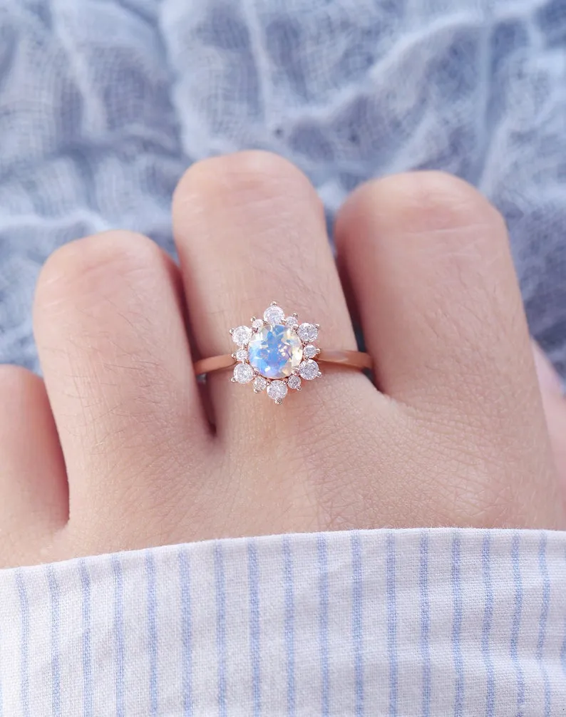Floral Female Moonstone Engagement Ring Rose Gold women-no002