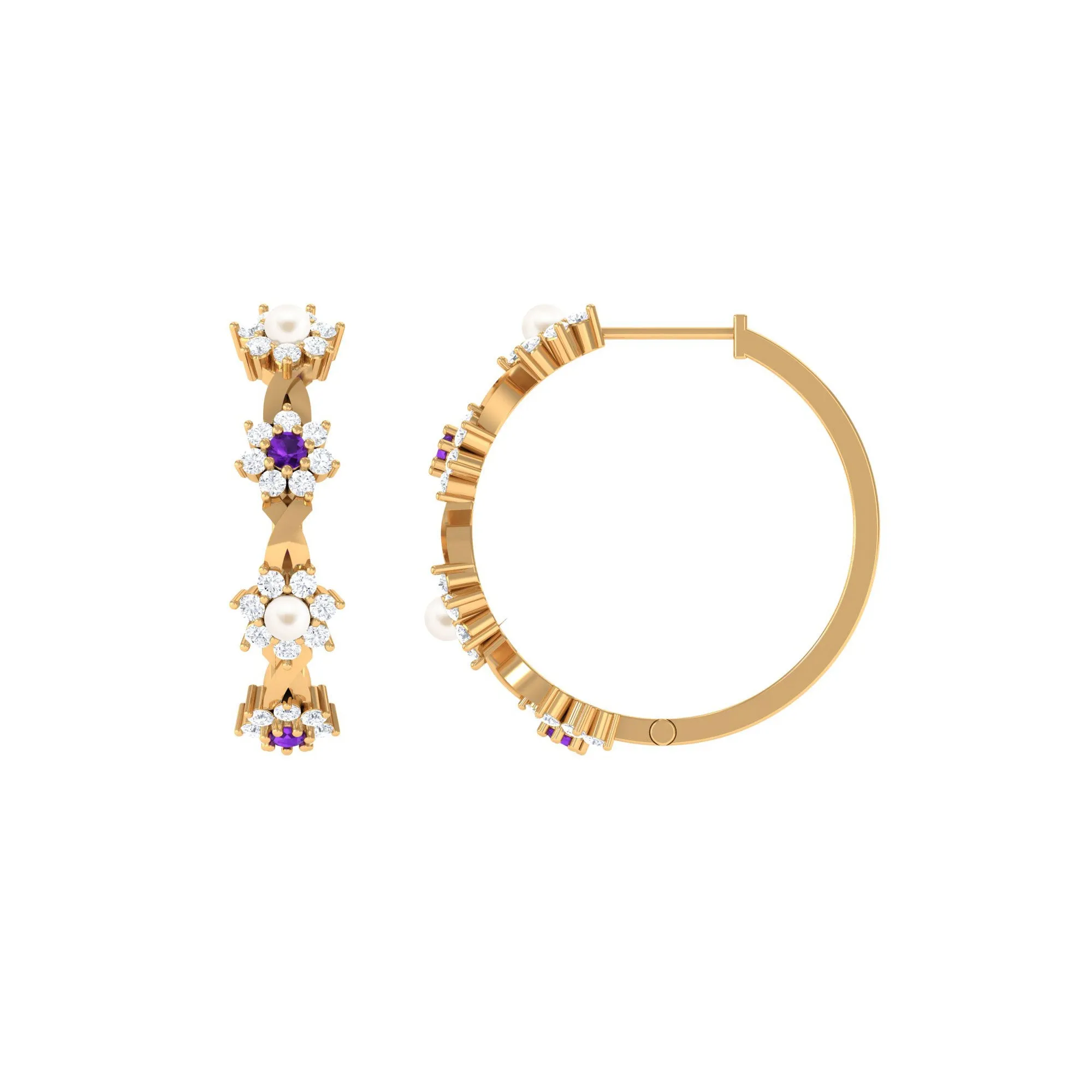 Floral Pearl Hoop Earrings with Amethyst and Diamond