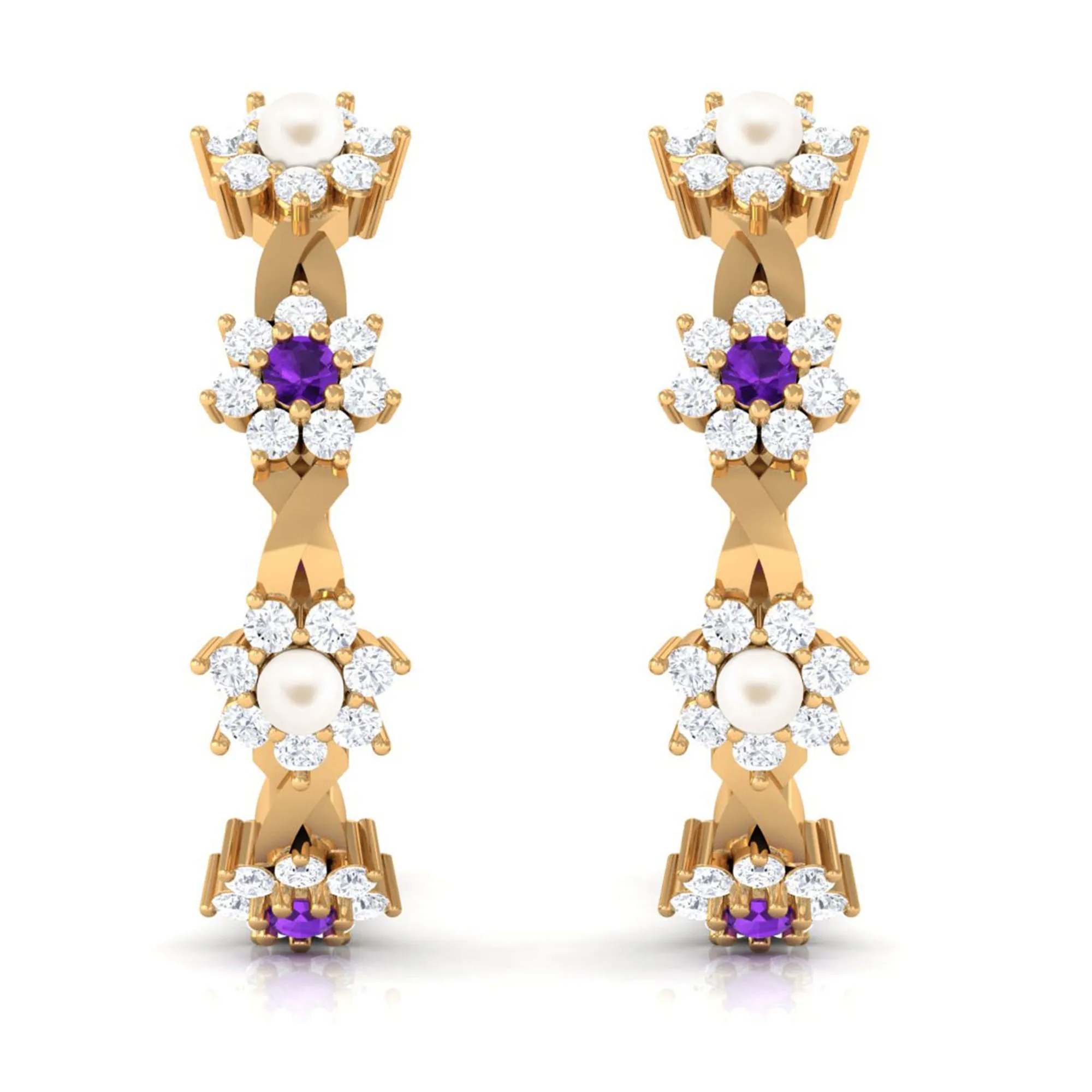 Floral Pearl Hoop Earrings with Amethyst and Diamond