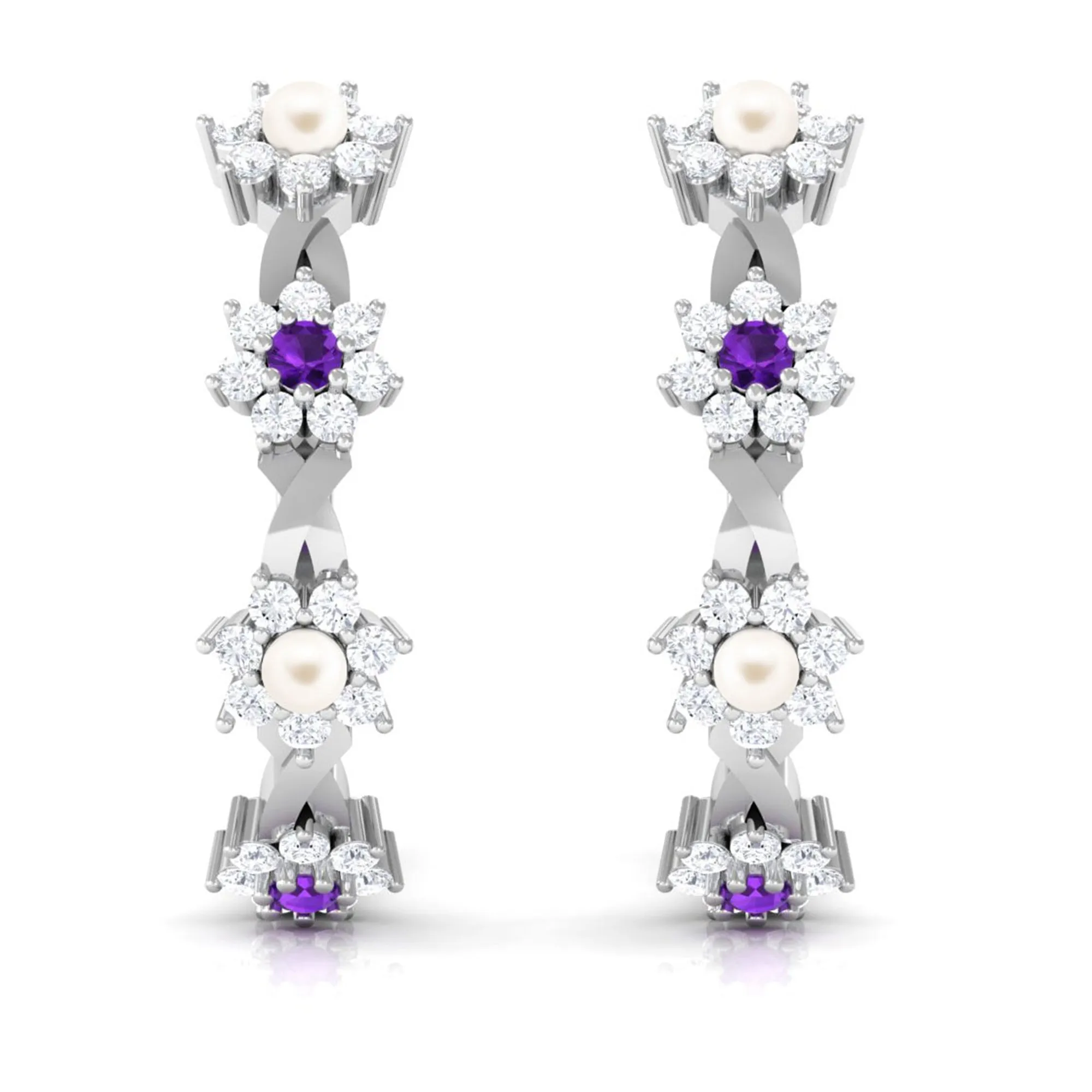 Floral Pearl Hoop Earrings with Amethyst and Diamond