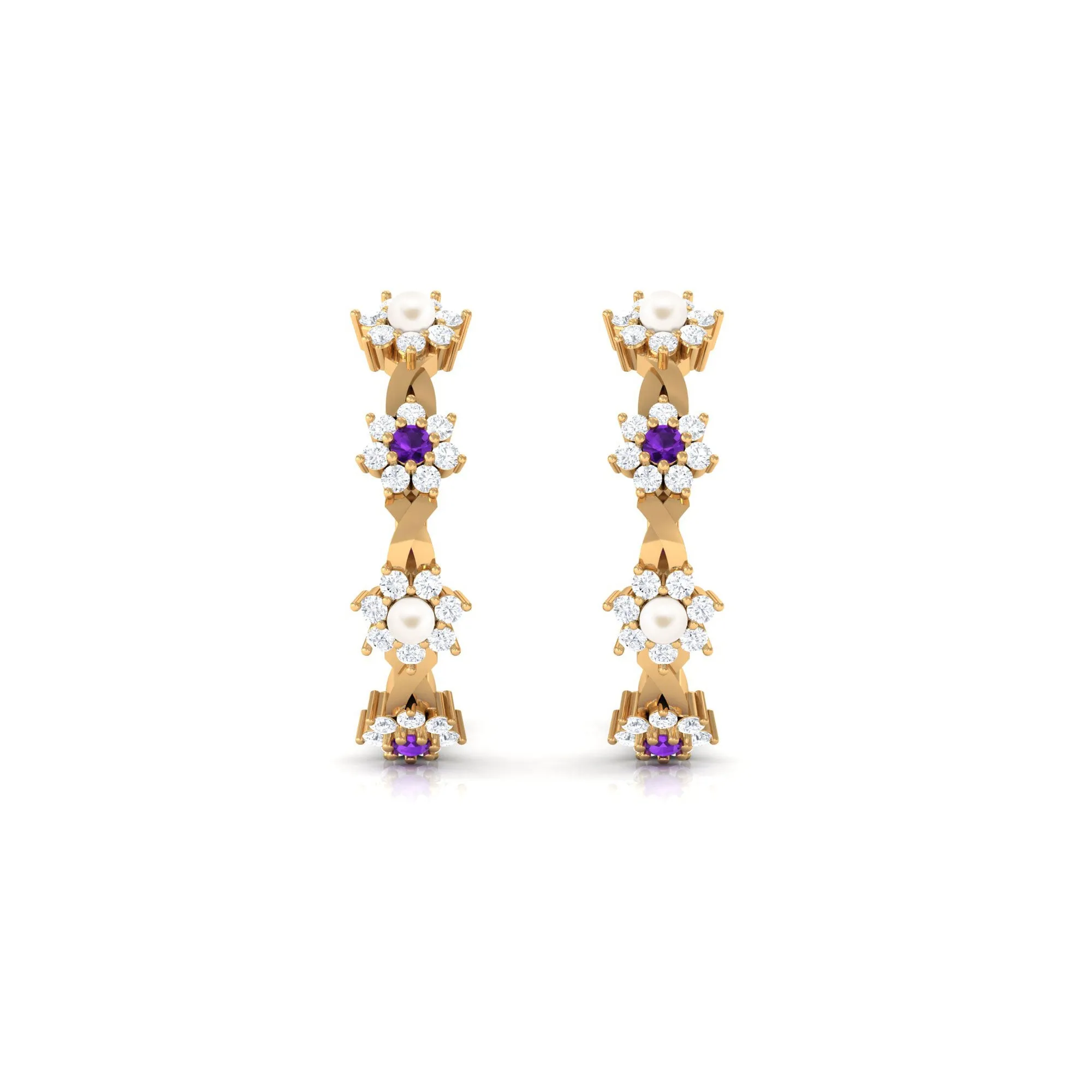 Floral Pearl Hoop Earrings with Amethyst and Diamond