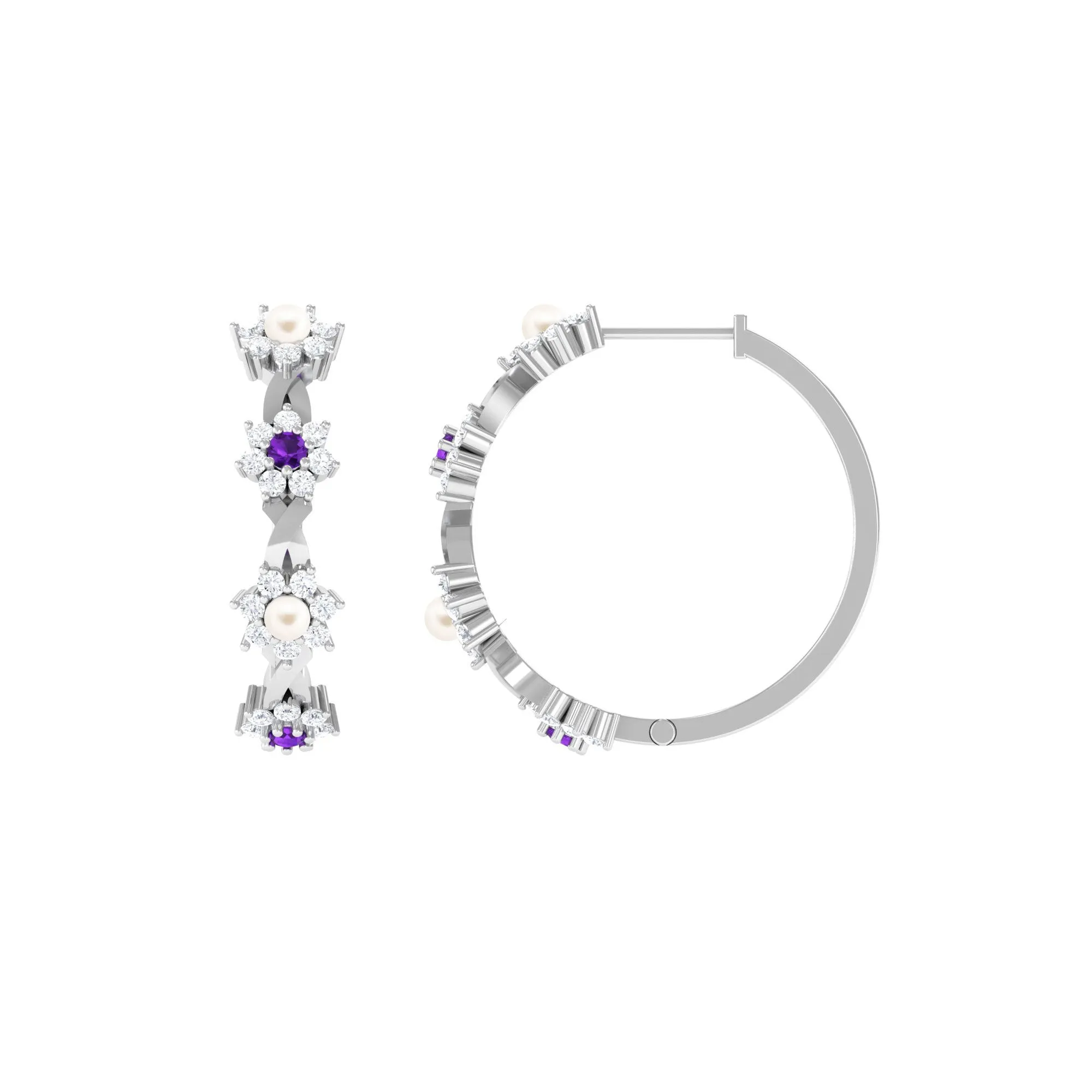 Floral Pearl Hoop Earrings with Amethyst and Diamond