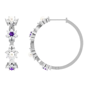 Floral Pearl Hoop Earrings with Amethyst and Diamond
