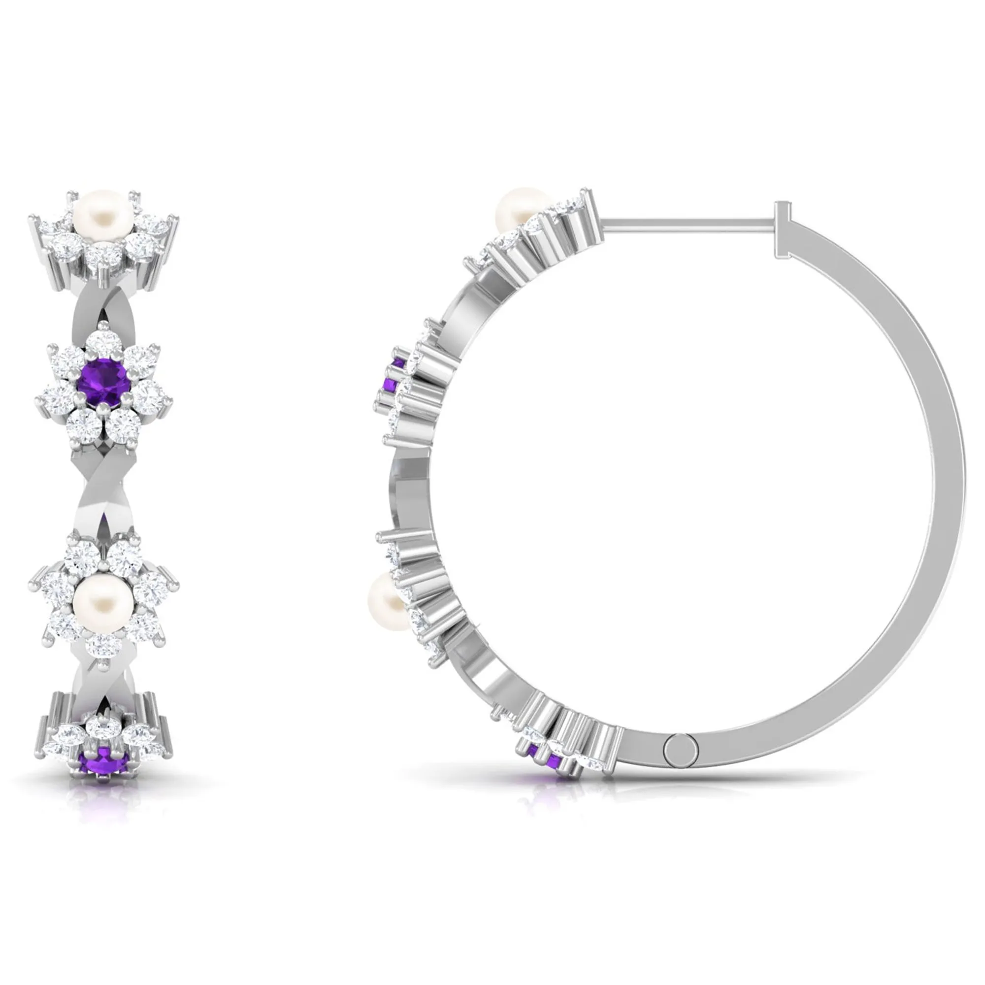 Floral Pearl Hoop Earrings with Amethyst and Diamond