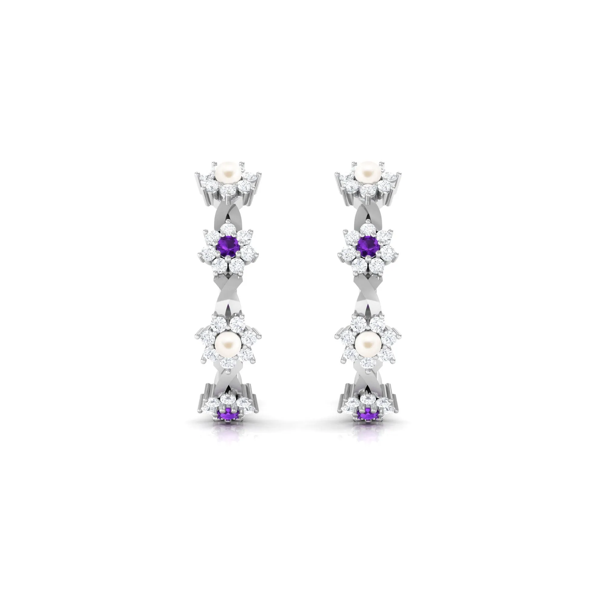 Floral Pearl Hoop Earrings with Amethyst and Diamond