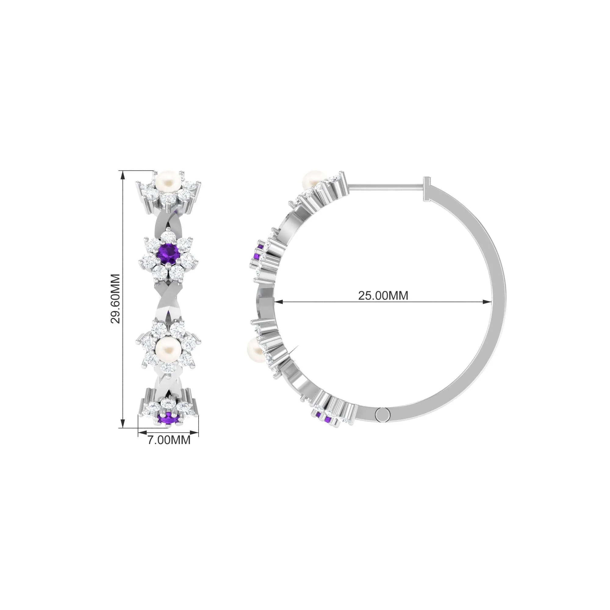 Floral Pearl Hoop Earrings with Amethyst and Diamond