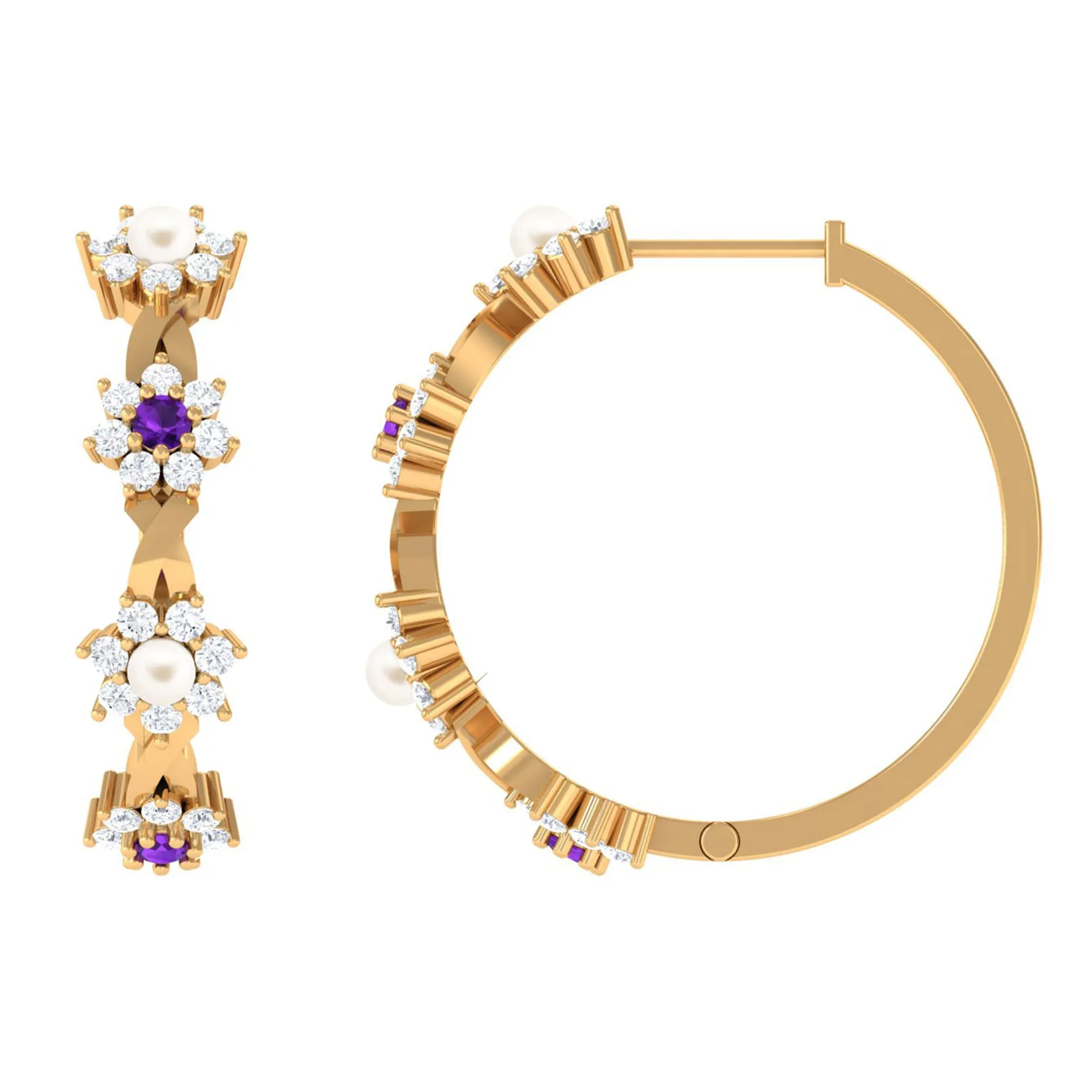Floral Pearl Hoop Earrings with Amethyst and Diamond