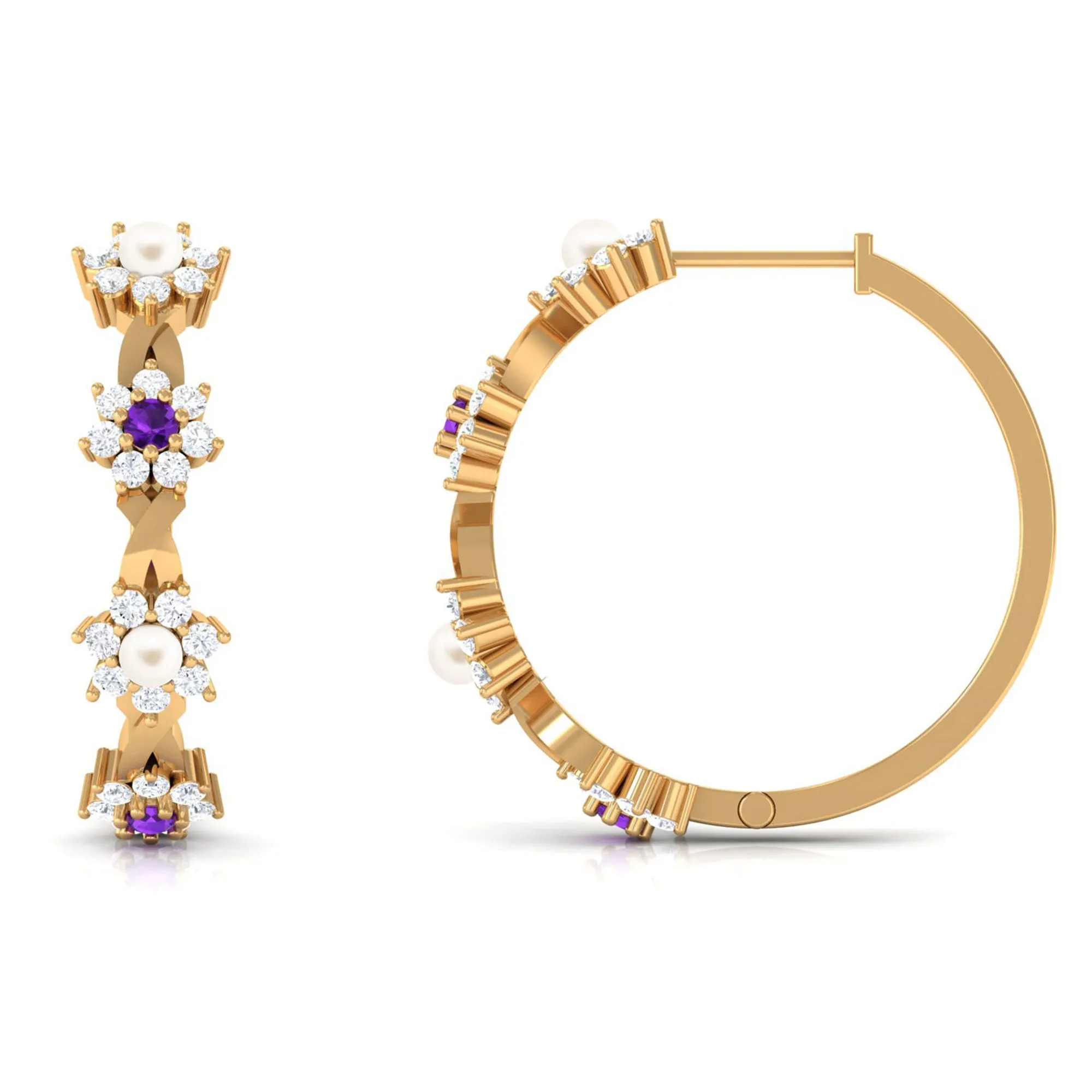 Floral Pearl Hoop Earrings with Amethyst and Diamond