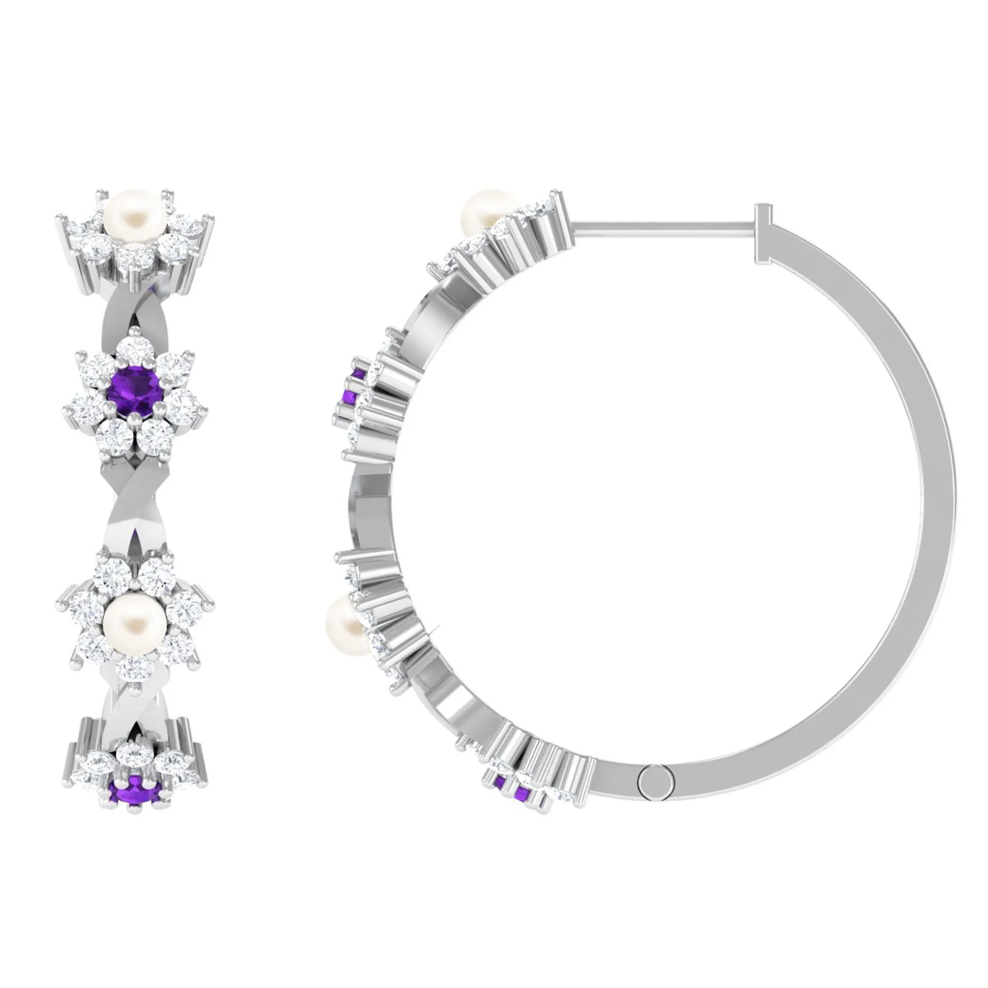 Floral Pearl Hoop Earrings with Amethyst and Diamond