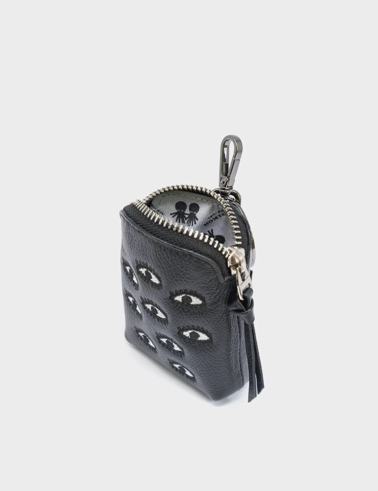 Florence Pouch Charm  - Black Leather Keychain Eyes Embroidery