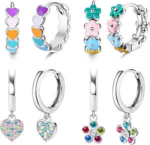 Florideco Hypoallergenic Small Hoop Earrings for Girls Women S925 Silver Needle Toddler Earrings Girls Hoop Earrings Dangling Huggie Teens Earrings Set for Sensitive Ears(over 4 years old)