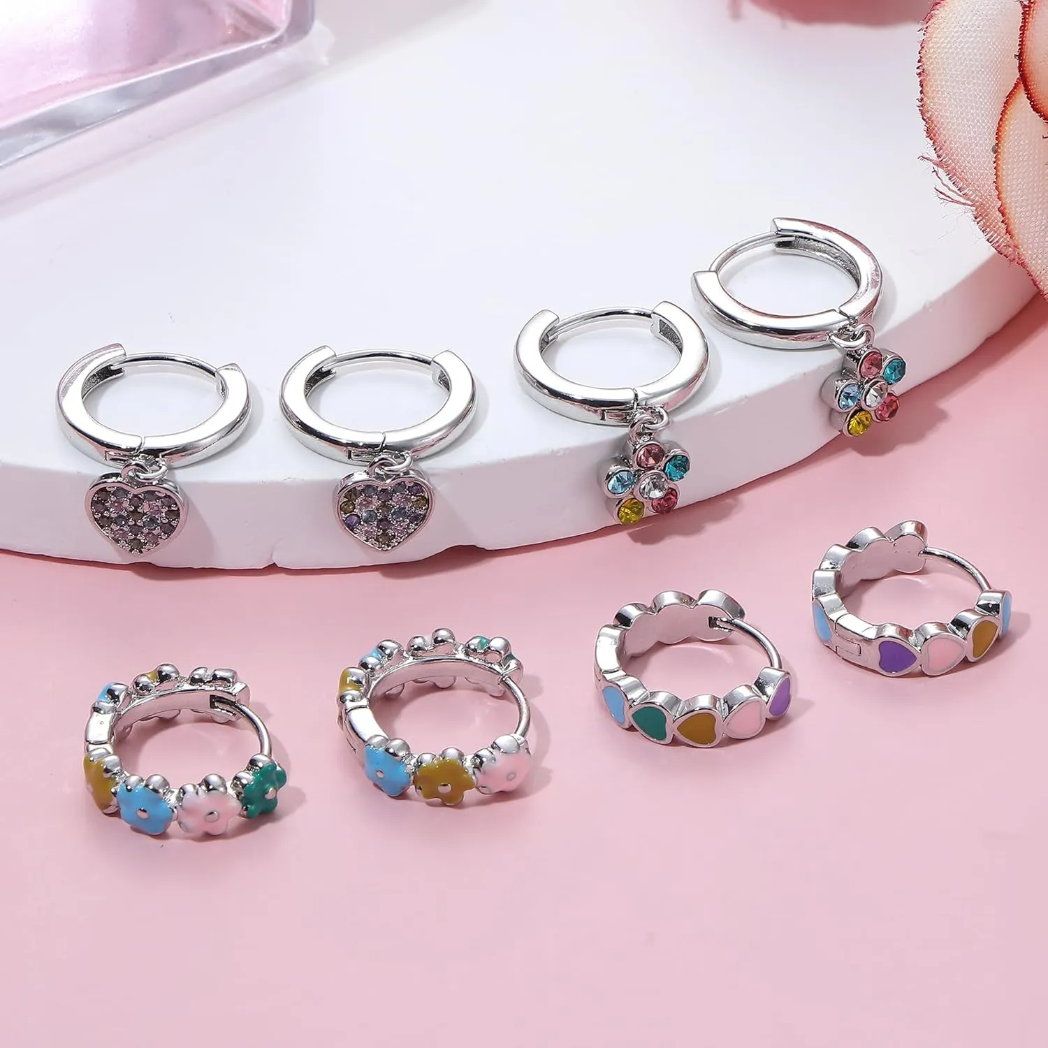 Florideco Hypoallergenic Small Hoop Earrings for Girls Women S925 Silver Needle Toddler Earrings Girls Hoop Earrings Dangling Huggie Teens Earrings Set for Sensitive Ears(over 4 years old)