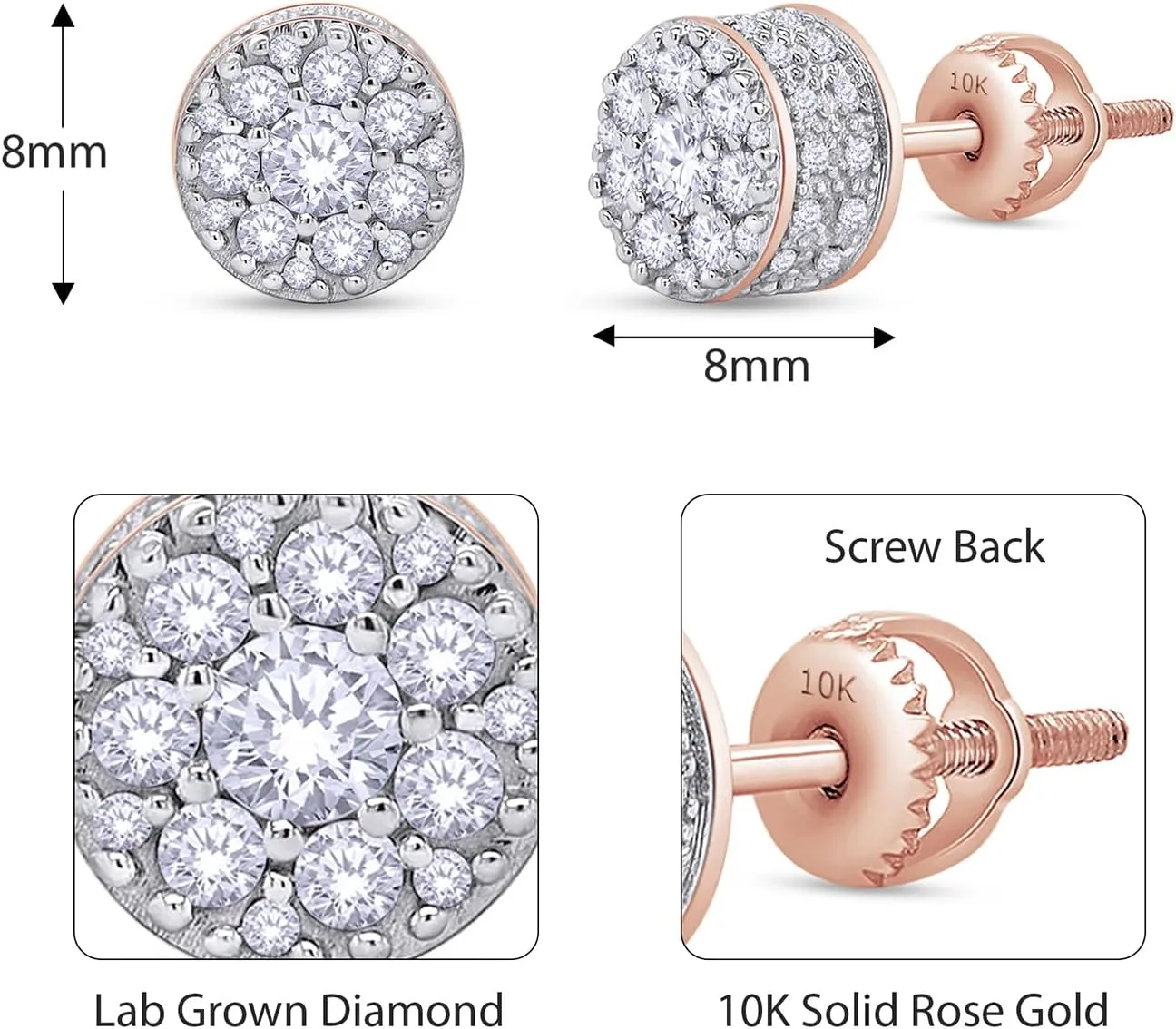 Flower Cluster Stud Earrings for Men 1/2 Cttw Round Natural or Lab Grown Diamond Ear Studs with Screw Backs in 10K or 14K Solid Gold and 925 Sterling Silver Jewelry Gift for Him