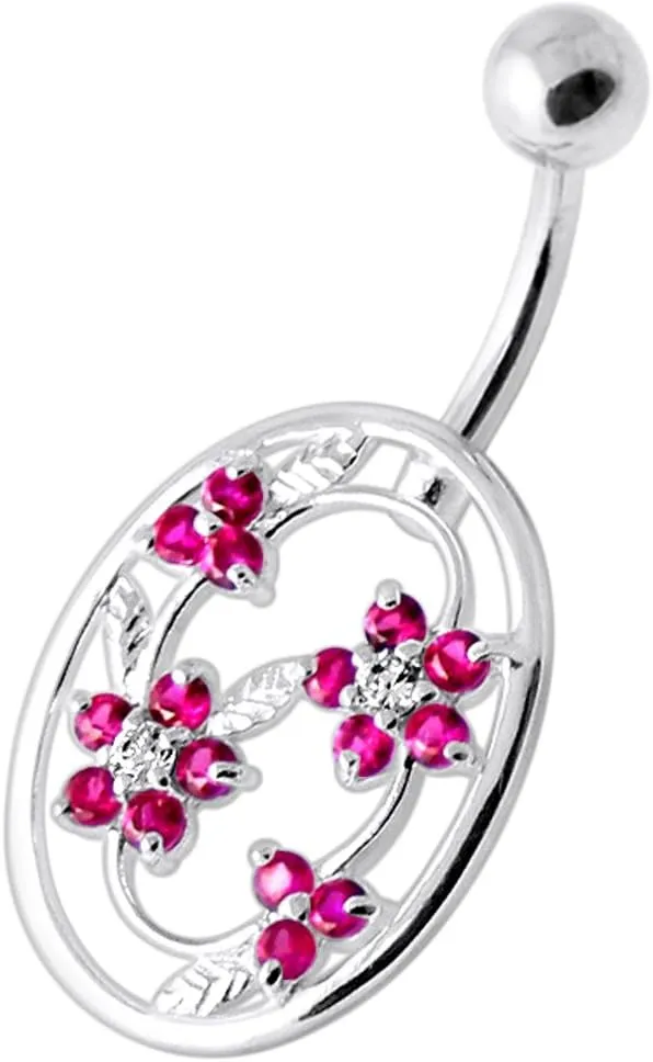 Flower in Round Frame Design 925 Sterling Silver with Stainless Steel Belly Ring - Belly Button jewelry - Navel jewelry