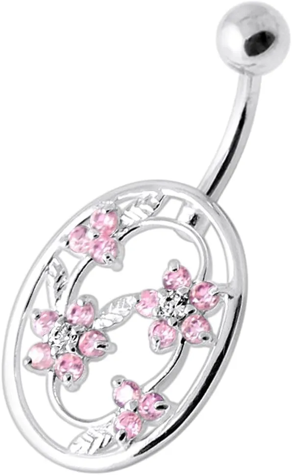 Flower in Round Frame Design 925 Sterling Silver with Stainless Steel Belly Ring - Belly Button jewelry - Navel jewelry