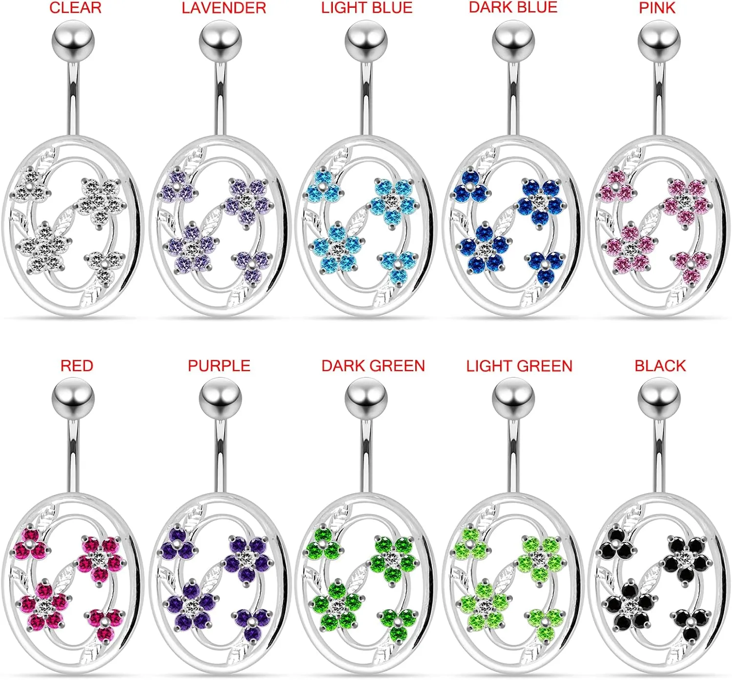 Flower in Round Frame Design 925 Sterling Silver with Stainless Steel Belly Ring - Belly Button jewelry - Navel jewelry