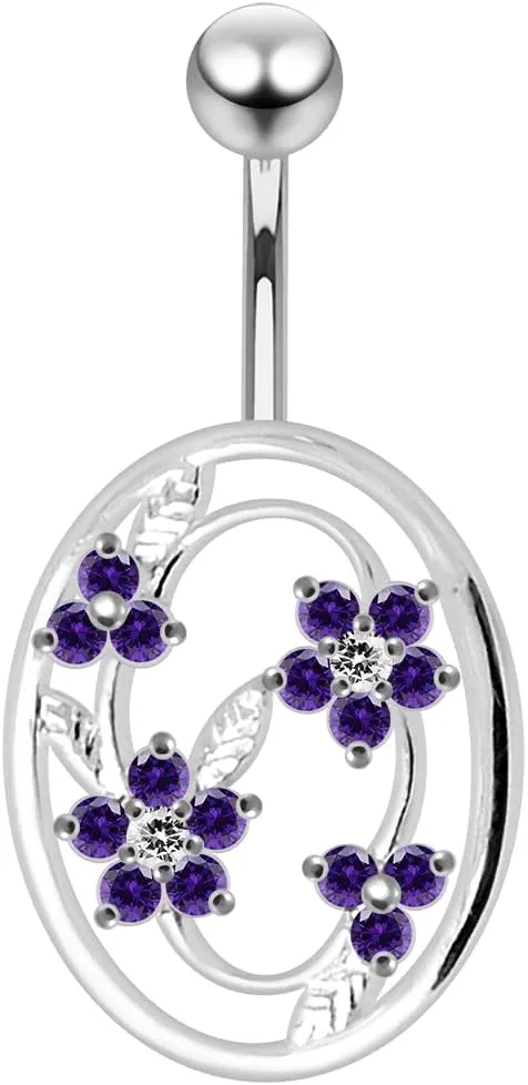 Flower in Round Frame Design 925 Sterling Silver with Stainless Steel Belly Ring - Belly Button jewelry - Navel jewelry