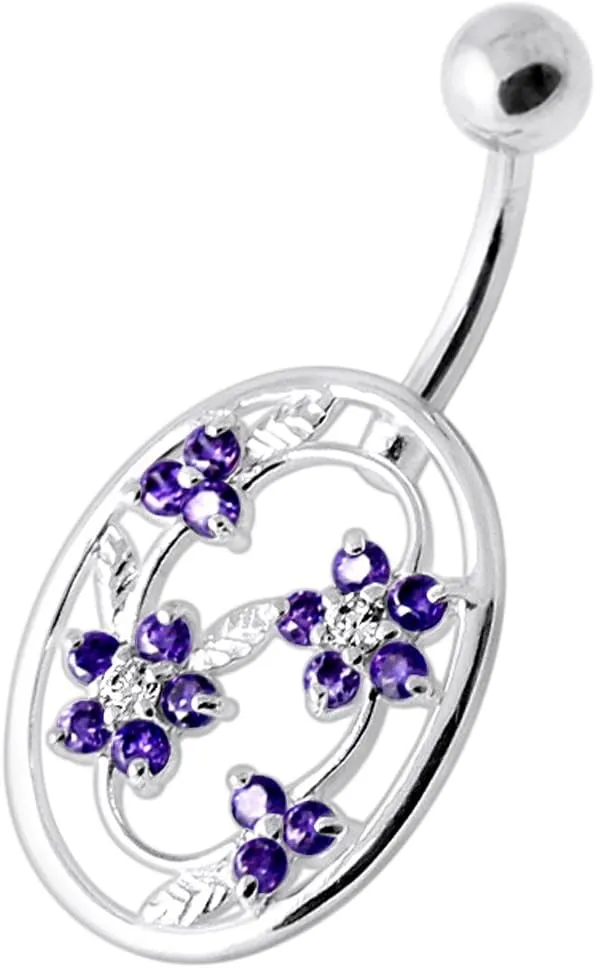 Flower in Round Frame Design 925 Sterling Silver with Stainless Steel Belly Ring - Belly Button jewelry - Navel jewelry
