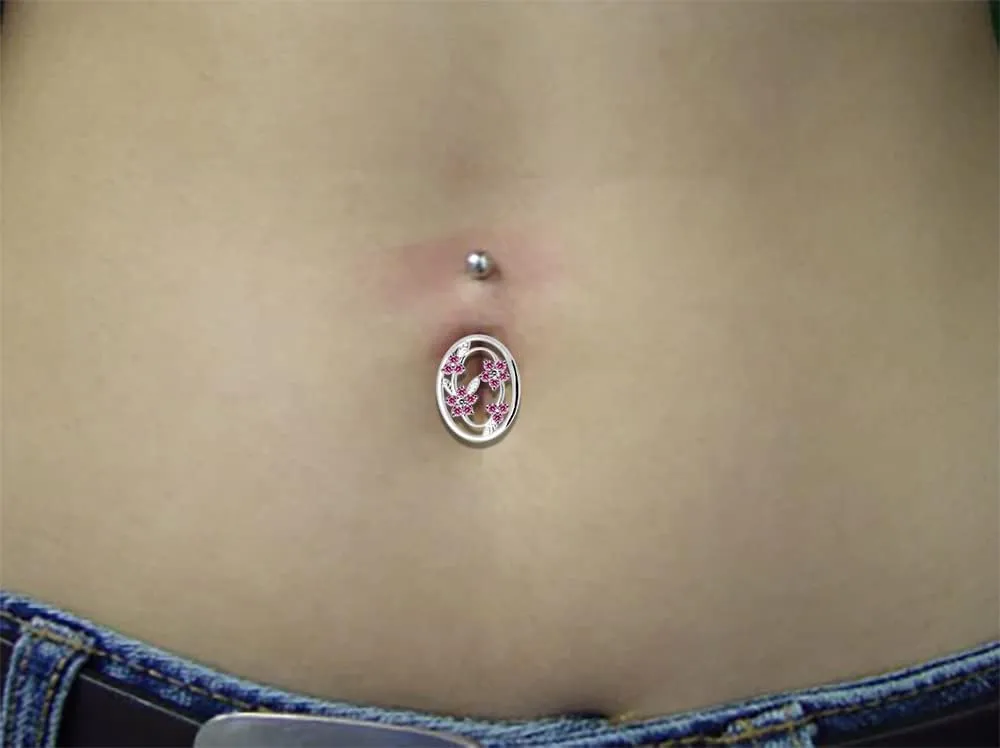 Flower in Round Frame Design 925 Sterling Silver with Stainless Steel Belly Ring - Belly Button jewelry - Navel jewelry