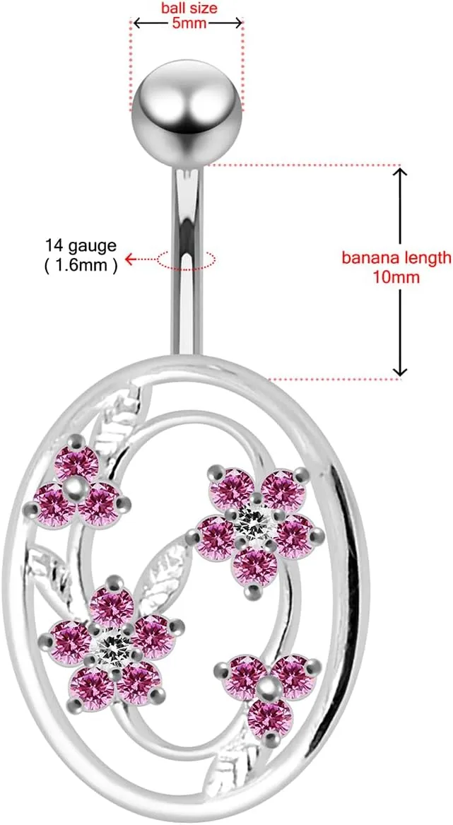 Flower in Round Frame Design 925 Sterling Silver with Stainless Steel Belly Ring - Belly Button jewelry - Navel jewelry