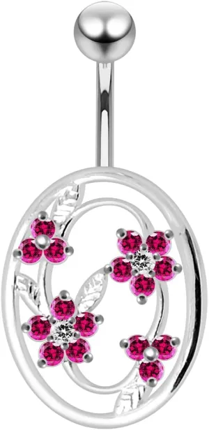 Flower in Round Frame Design 925 Sterling Silver with Stainless Steel Belly Ring - Belly Button jewelry - Navel jewelry
