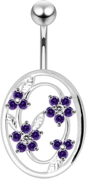 Flower in Round Frame Design 925 Sterling Silver with Stainless Steel Belly Ring - Belly Button jewelry - Navel jewelry